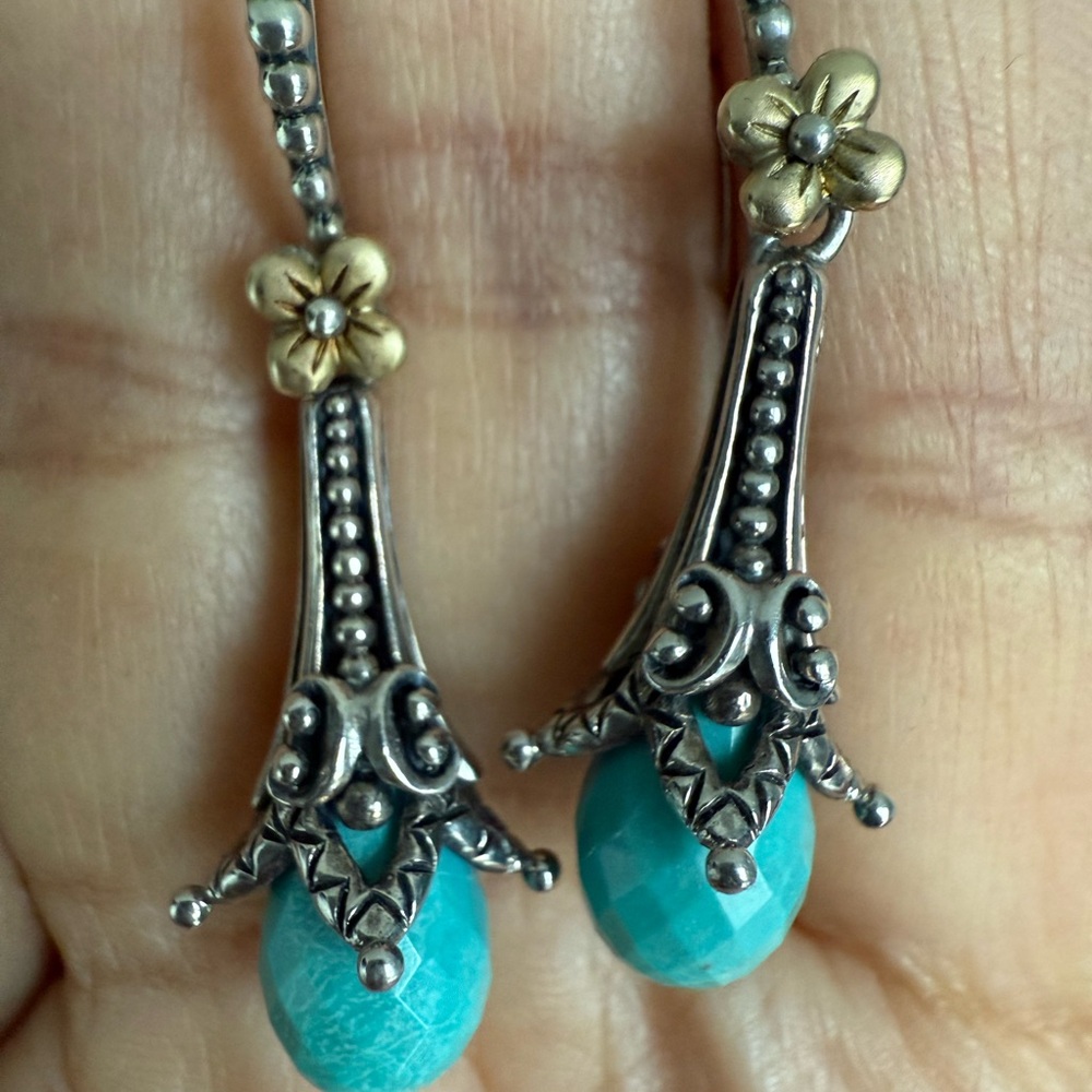 New Barbara Bixby Elegant Sterling Silver 925 and 18K Gold Turquoise Earrings